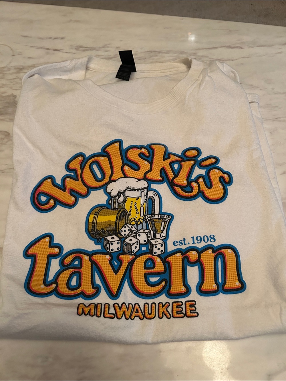 Gildan White Mens Graphic Wolski’s tavern Tee with Blue and Orange Print